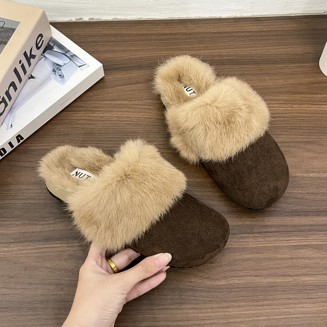 Fur Mules Women Shoes Closed Toe Slippers Comfortable Slip On Slides Shallow Flat Platform Mule Casual Zapatos Mujer Khaki Brown