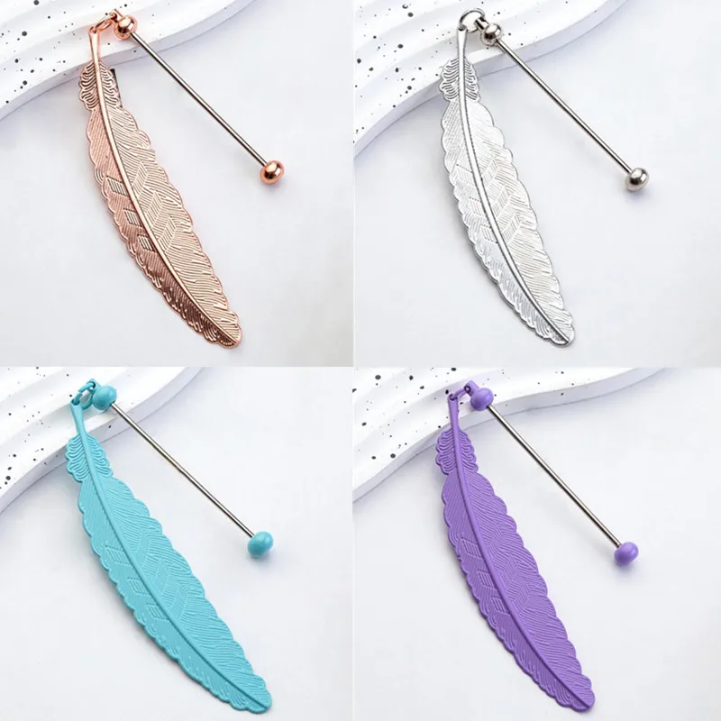 1pc Vintage Feather Shape Metal Bookmarks DIY Glass Beaded Hook Alloy Bookmark for Student Teacher Book Page Holder