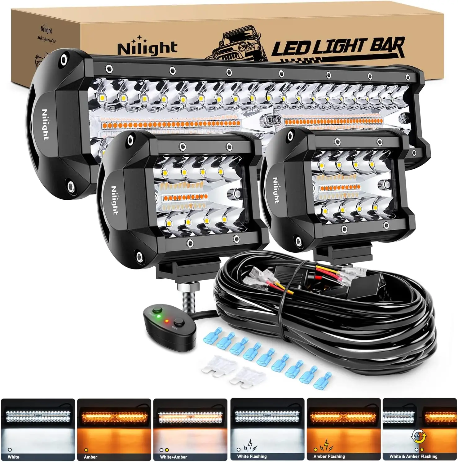 Nilight 12Inch 300W LED Light Bar 2PCS 4Inch 60W Light Pods Amber White Strobe 6 Modes Memory Function Reset Function Off Road Truck with 16AWG Wiring Harness Kit-3 Leads,LED Work Light Combo Kit for Truck Jeep ATV UTV Driving Fog Lighting
