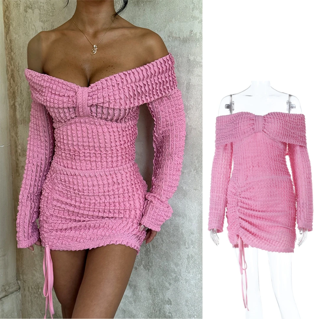 

FAGADOER Elegant Bodycon Mini Dresses Women Solid Color Off Showlder Ripple Pattern Patchwork Dress Female Streetwear Vestidos