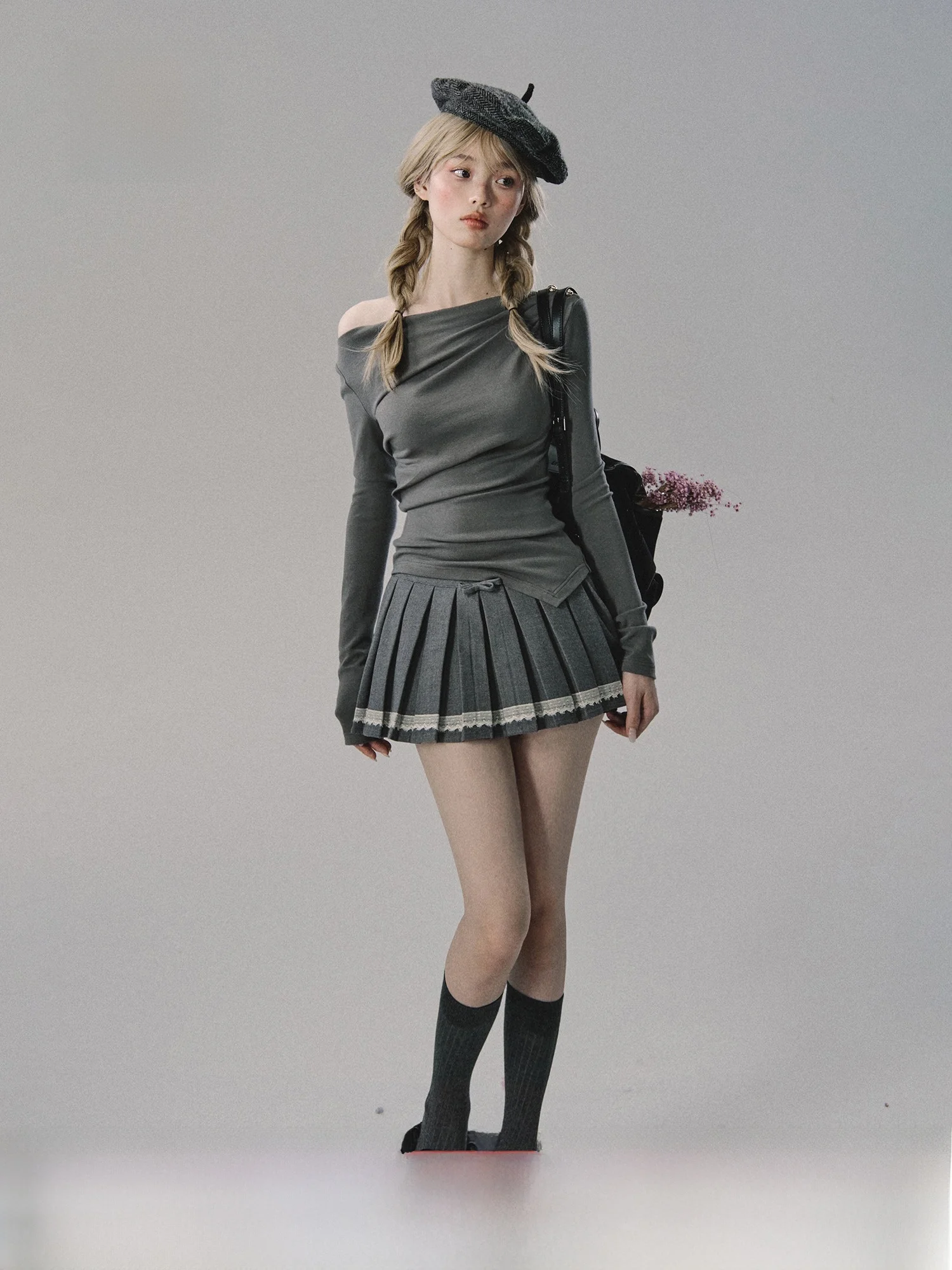 

OAKMOO Романтический вязаный длинный све, топ и брюки на одно плечо, закрывающий талию, комплект из двух предметов для женщин, модный, универсальный