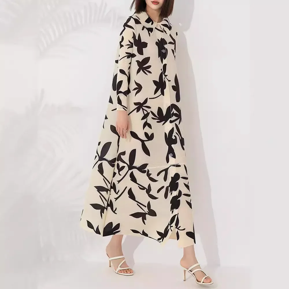 

Miyake Pleated Fashion Long Dress Women's 2024 New Temperament Printed Loose Large Size Lapel Buttoned Long-sleeved Long Dresses