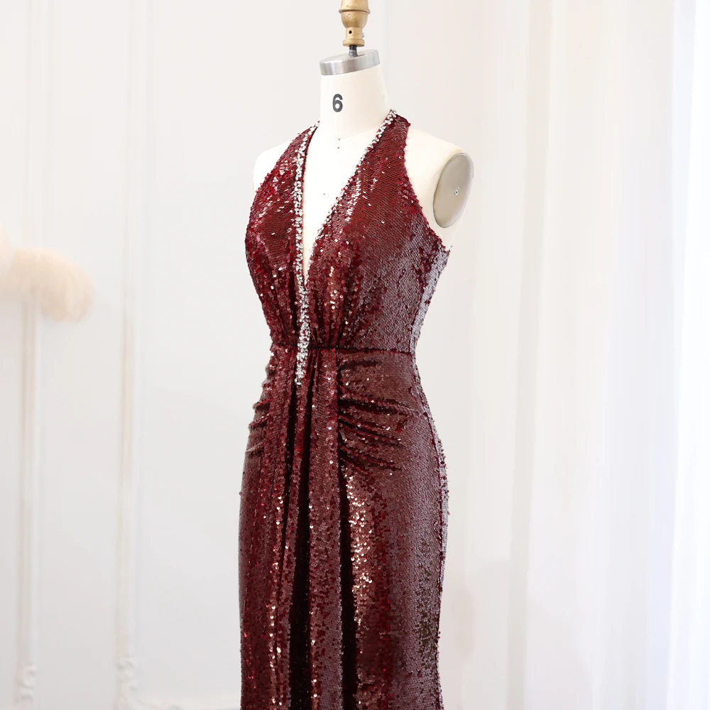 Elegant Halter Burgundy Sequined Mermaid Evening Dresses for Women Wedding Party Long Arabic Formal Prom Gowns 2024