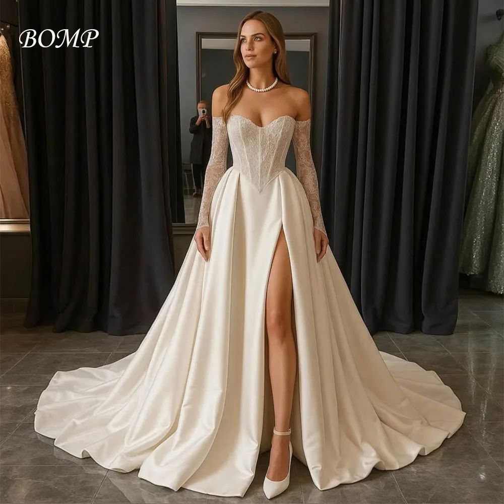 BOMP luxe épaules dénudées robe de mariée chérie ivoire Satin Corset côté haute fente robe de mariée personnalisé Vestido de novia