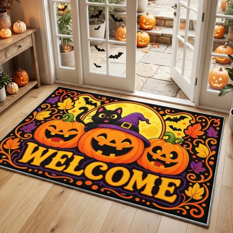 Newest Doormat Welcome Pumpkin Witch Hat Black Cat Moon Bat Print Halloween Doormat Non Slip Front Entrance Floor Mat