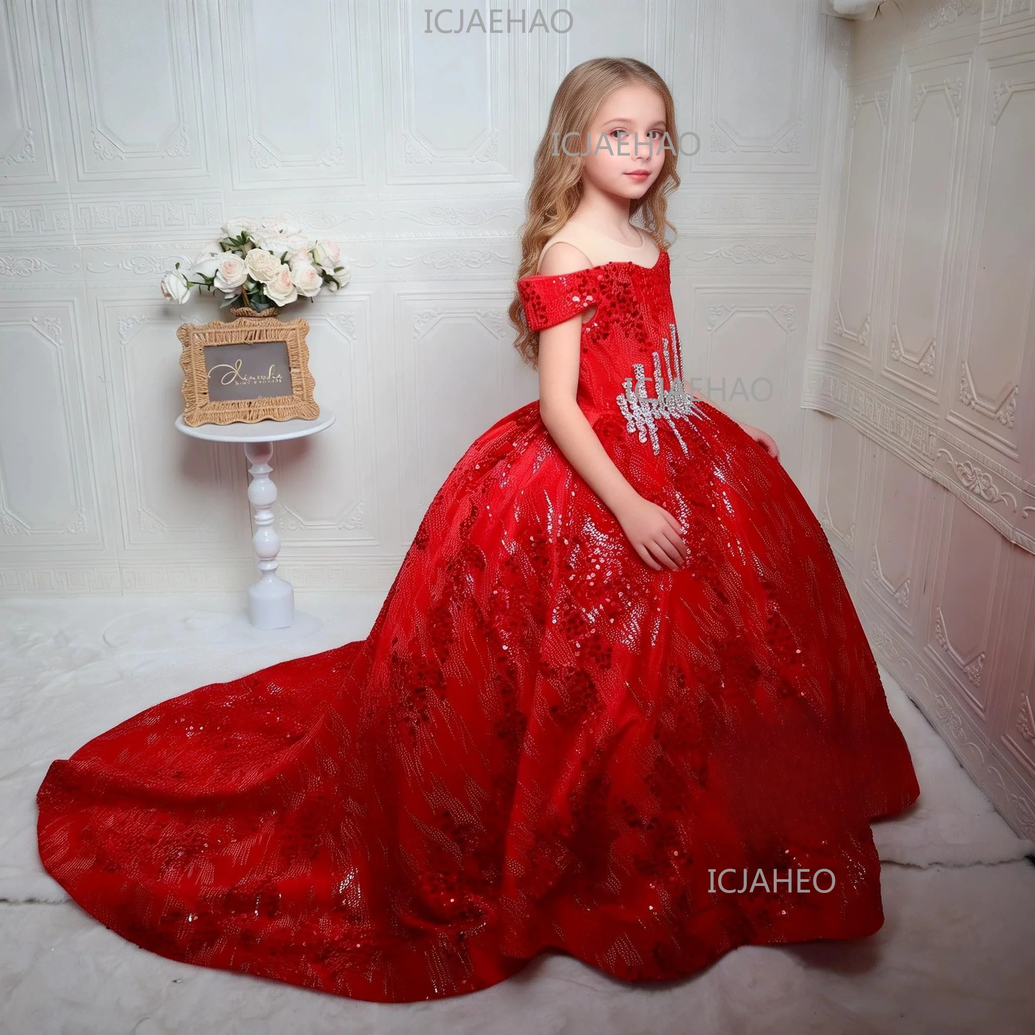 Off Shoulder Sequin Evening Dress Trailing Hem Girls Court Style Red Performance Costume Gorgeous Puffy Skirt  Party Clothes