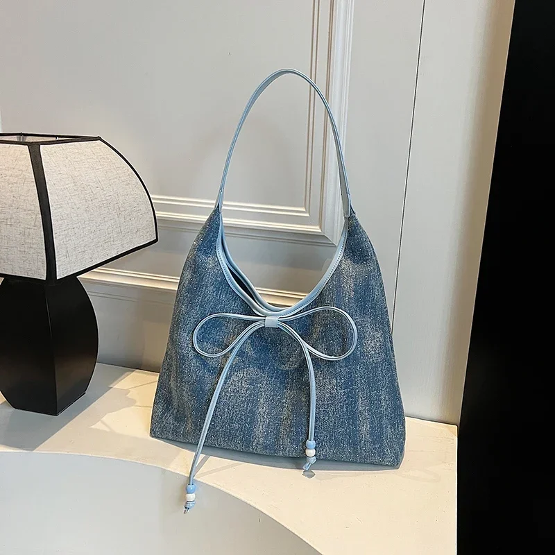 

New Hasp Bow Commute Denim Casual Tote 2025 Spring High Quality Bags for Women Fashion Sewing Thread Women's Shoulder Bags