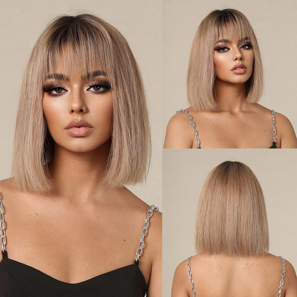 Brown Blonde Remy Human Hair Bob Wigs with Full Bangs Dark Root 10inches Straight Bob Blunt Human Hair Wig for White Women Daily