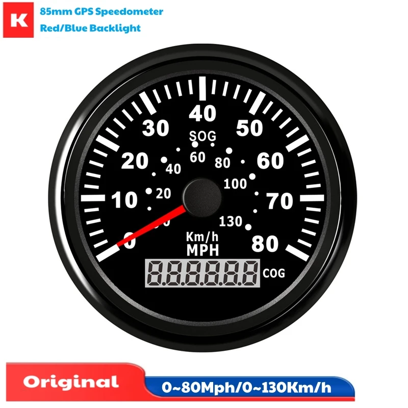 0-80MPH Show GPS Speedometers 85mm 0-130Km/H Speed Indicators Cog 0-360 with Antenna Red / Blue Backlight for Car Truck Boat