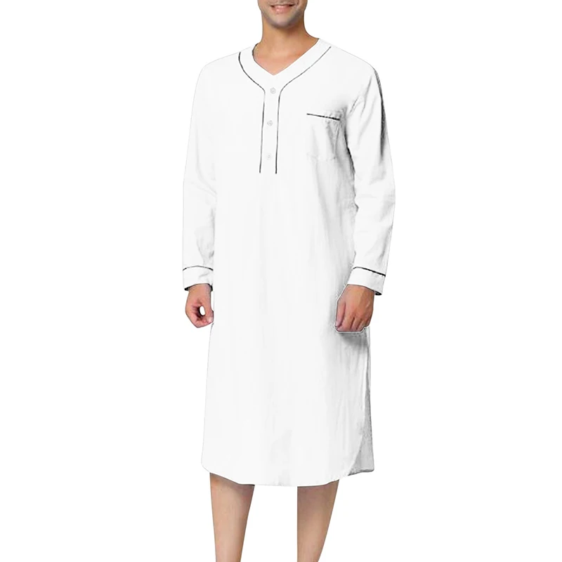 Jubah Linen kerah V pria gaun malam panjang Solid lengan pendek gulung kemeja longgar kasual Kaftan Thobe dengan saku