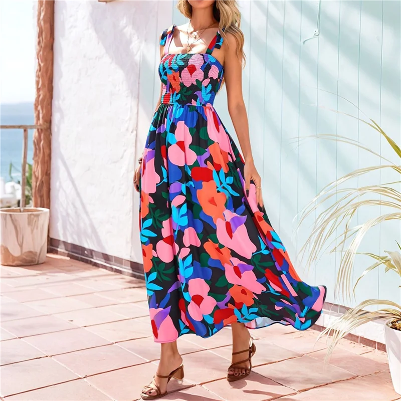 A83F-Vestito lungo estivo da donna senza maniche smock Boho con cinturino per spaghetti A Line Flowy Beach Long Sundress