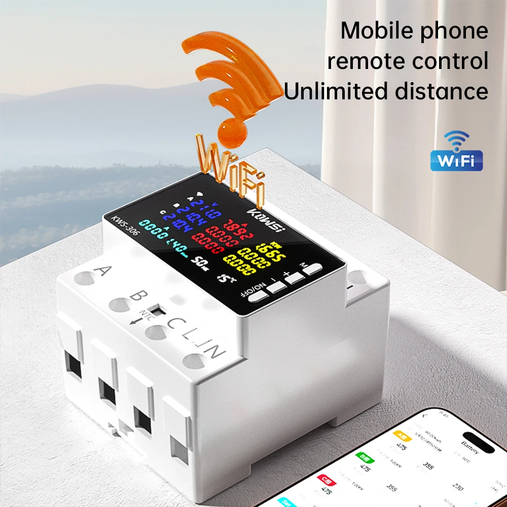 WIFI Power Energy Meter AC Monitor AC 85-290V 80A 3 Phase 4-wire Rail Over Under Voltage Protector Electricity Meter