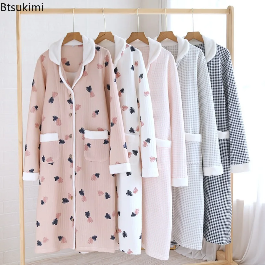 New 2026 Women's Autumn Winter Pajamas Pure Cotton Nightgown Bathrobe Air Cotton Thickened Laminated Cotton Home Oversized Robe