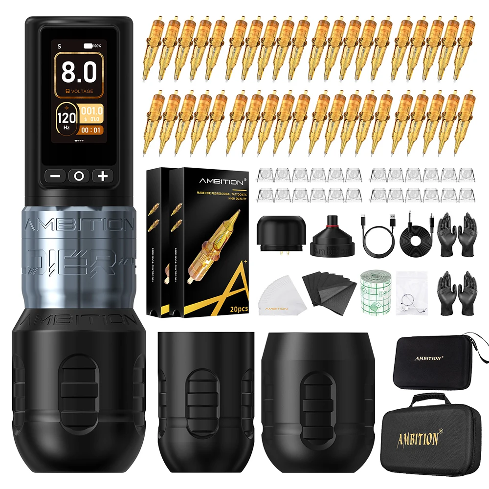 Ambitie Soldier270 Kit Draadloze Tattoo Machine Slagpen 4.0 + 4.5mm Professionele Borstelloze Motor 2400mAh Batterij Grip 34 + 42mm