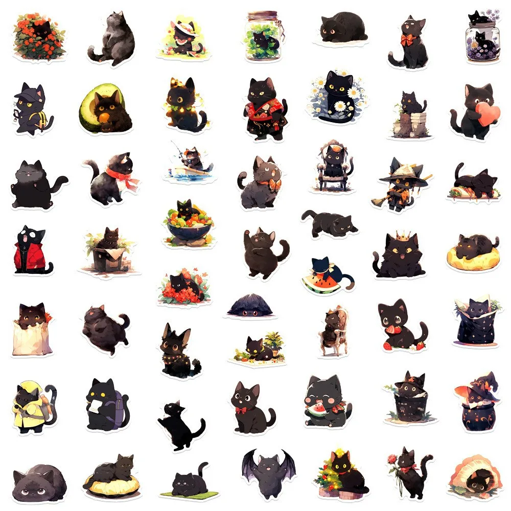 10/30/50PCS Cute Cartoon Black Cat Graffiti Stickers Kawaii Cat Cartoon Decal Notebook Phone Guitar  Fridge Waterproof Sticker