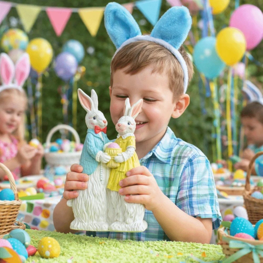 

Easter Decor Easter Bunny Decorations Simulation Design Wood Grain Resin Rabbit Figurines Romantic Style Bunny Couple Statue