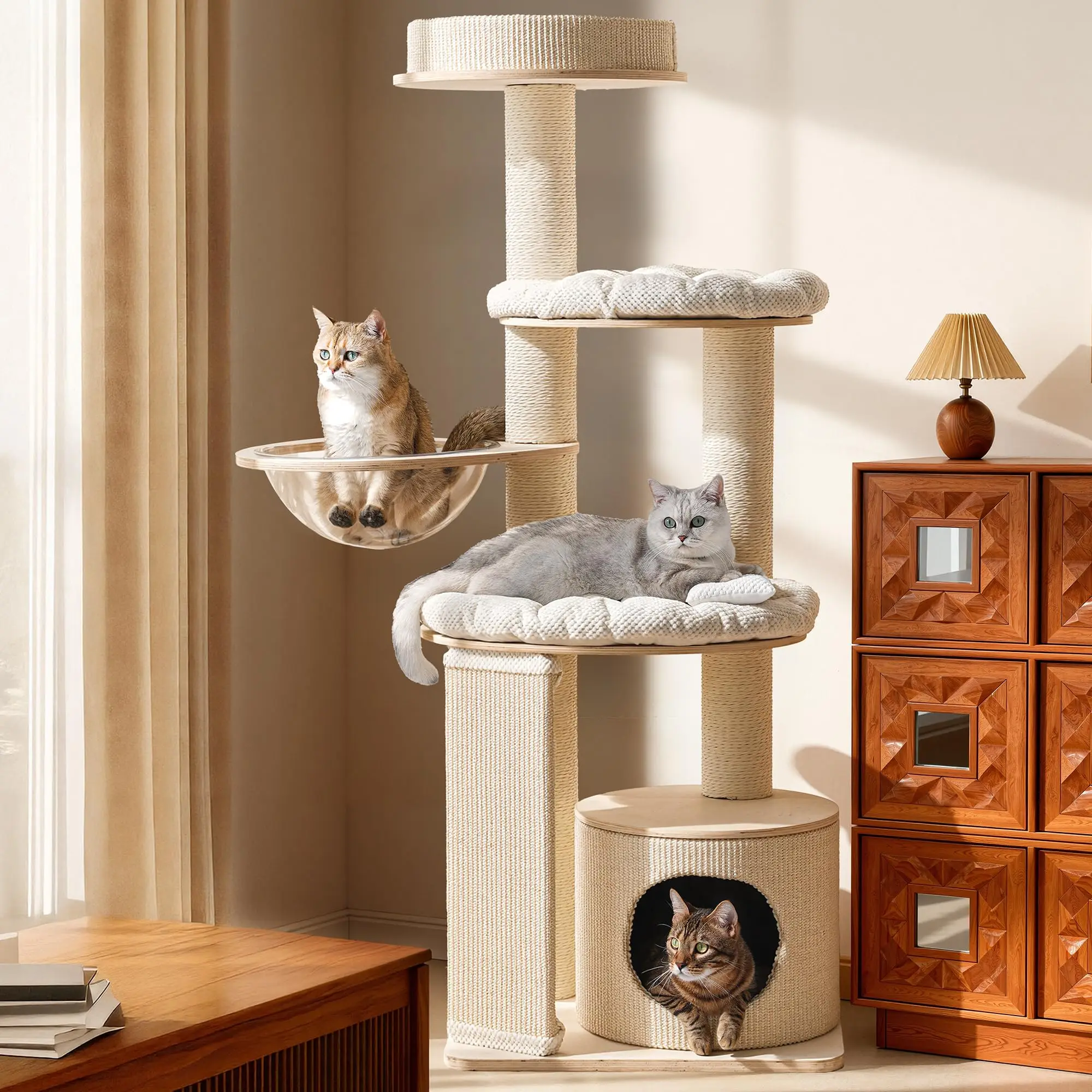 Modern Luxury Wood Cat Tree Tower for Large Cats, Wooden Cat Tower with Scratching Posts, Hammock, Oversized Perch and