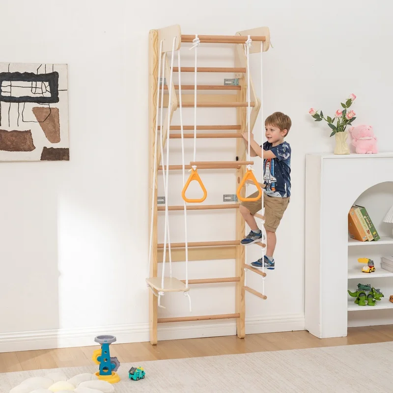

Swedish Ladder Wall Gym with Swing, Rope Ladder, Pull-Up Bar, Slide, Rings – Wooden Indoor Play Set for Kids and Adults