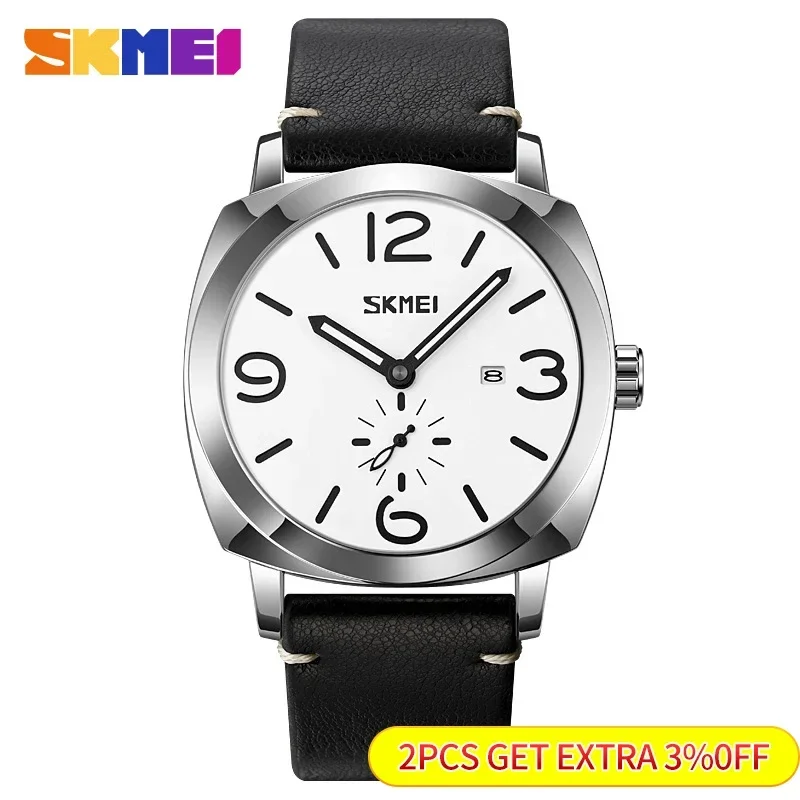 SKMEI-reloj de pulsera de cuarzo para hombre, cronógrafo deportivo con correa de cuero genuino, marca de lujo, fecha y hora Simple, 9305