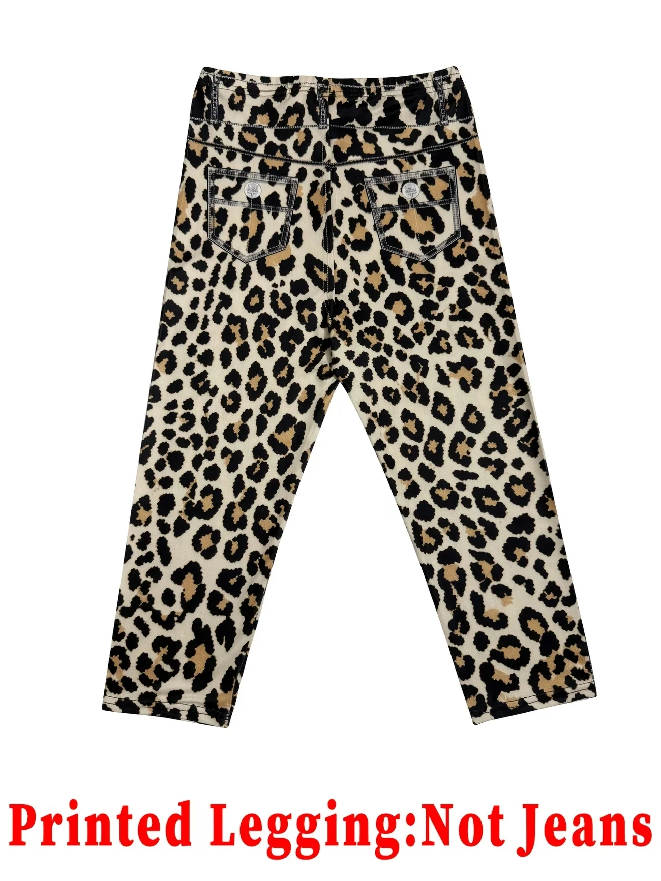 Bedruckte 7/8-Leggings, Stoff ohne Denim, Allover-Print im Faux-Jeans-Look, mit Scheintaschen- und Knopf-Print, hochelastische Slim-Fit-Hose. – Detail 5