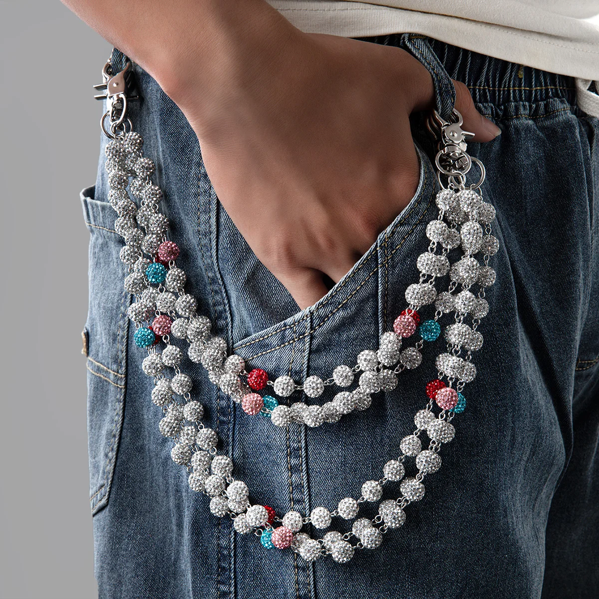 1 piece of hip-hop style soft ceramic round ball colored zircon double-layer jeans hanging chain for men's waist chain