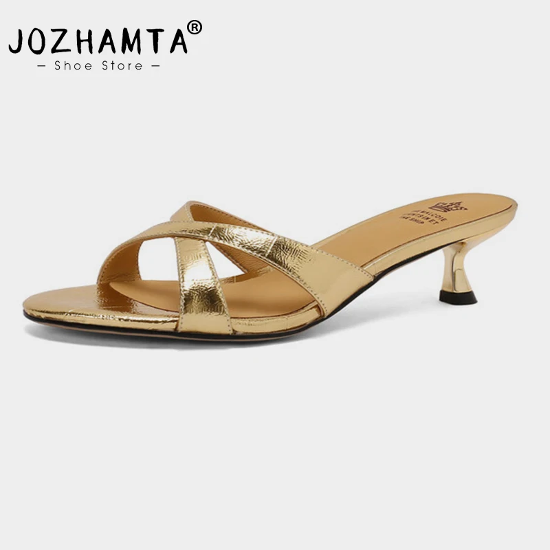 JOZHAMTA Size 34-39 Women Mules Sandals Real Leather High Heels Summer Shoes 2025 Ins Fashion Slides Casual Daily Home Slippers