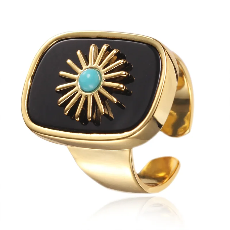 Natural Stone Gemstone Gold Ring Adjustable Open Ring Women Sunflower Pave Gemstone Rectangle High Quality Ring Jewelry