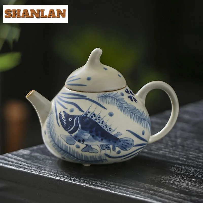 

130ml Antique Ru Kiln Pear-shaped Teapot Hand-painted Fish Algae Pattern Pot Ancient Pot Tea Brewing Kettle Tea Items Decoration