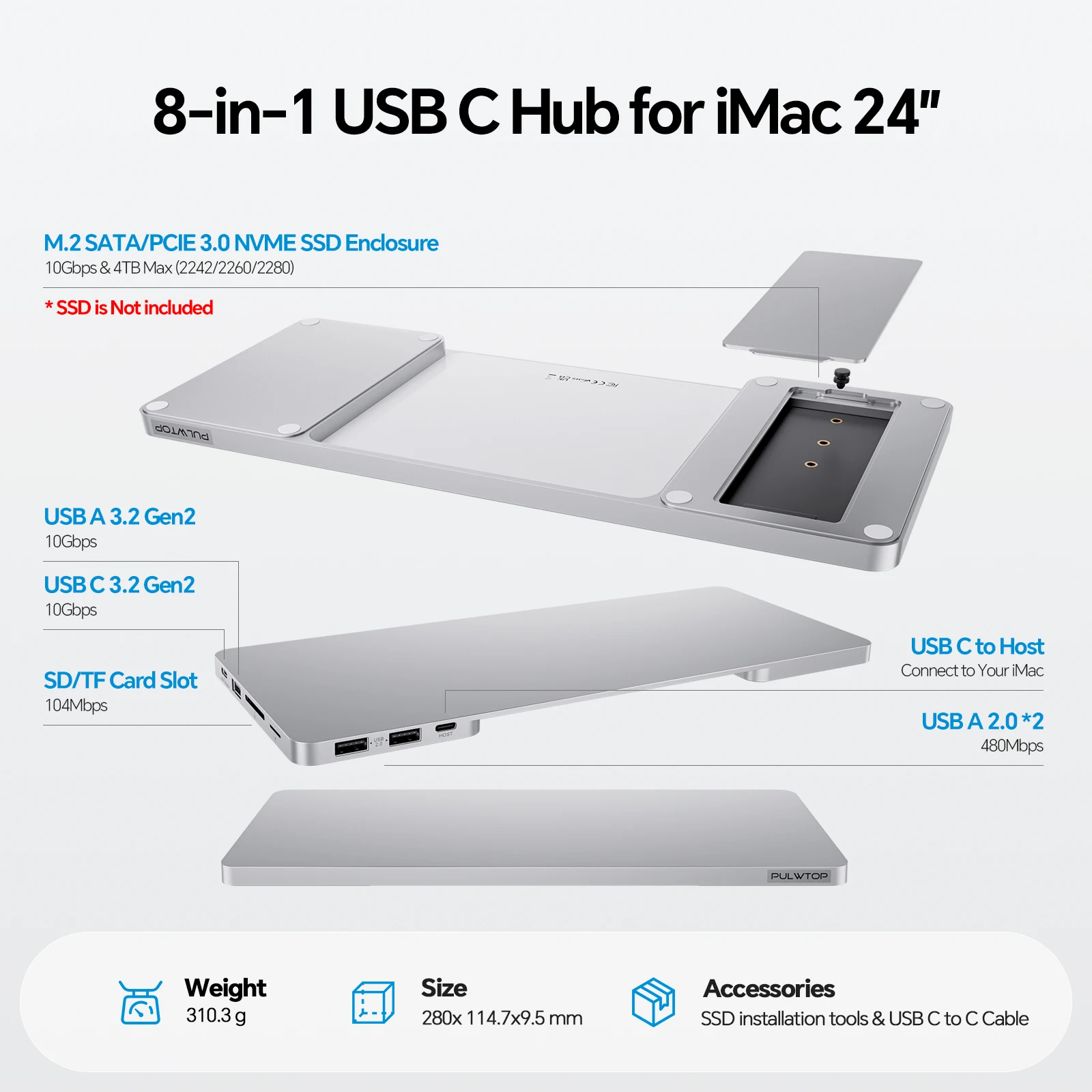 PULWTOP USB-C Hub for iMac 24 inch M1 M3 M4, iMac Accessories with M.2 SSD (SSD Not Included), USB-A/C 10Gbps, USB-A 2.0, SD/TF