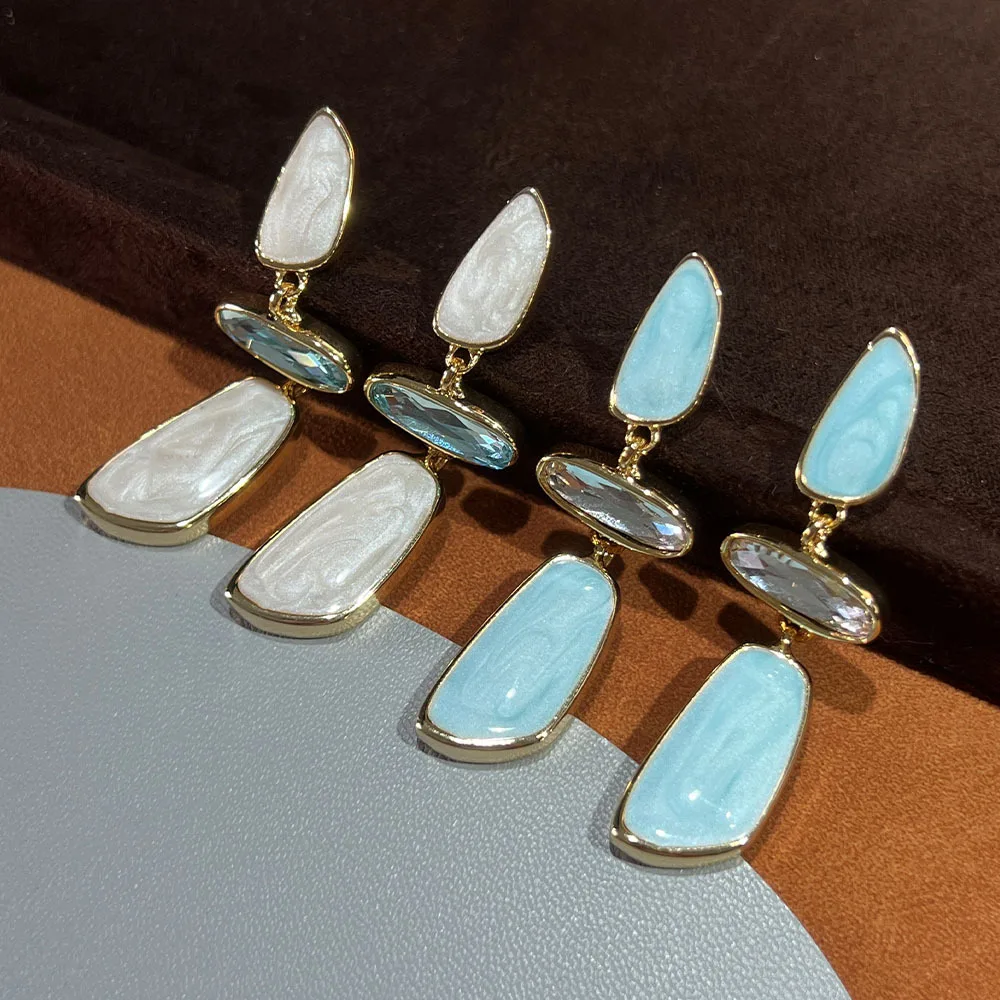 Minimalist Three Layer Geometric Drop Earrings Gold Plated Enamel Resin Cubic Zirconia Long Dangle Women Daily Fashion Jewelry