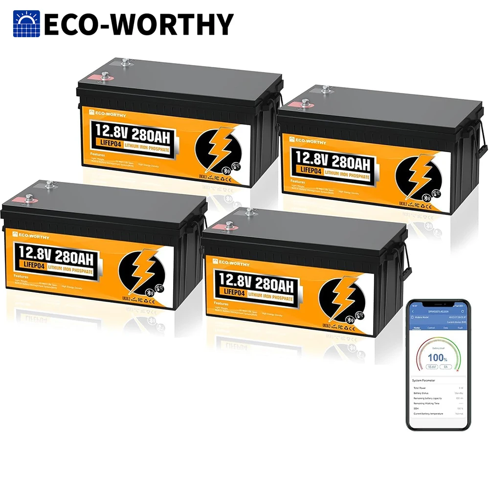 

ECO-WORTHY 4Pack 12V 280Ah LiFePO4 RV Battery с Bluetooth и малой температурным отсеком - Встроенный BMS 200A - Глубокий цикл для кемпера, трейлера