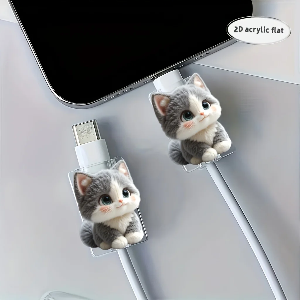 2-Pack of Cute 2D Cat Data Cable Protectors, Suitable for Type-C and Lightning Interfaces—Durable Anti-Break Plastic Charging/Sync Cable Protectors, Adorable Design Suitable for Tablets and Phones, Perfect Gift for Christmas Travel and Pet Lovers, 2D Flat Version