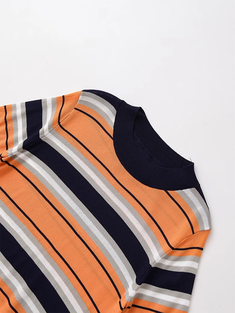 Estilo europeo y americano otoño nueva moda casual diseño de las mujeres sentido desplazamientos versátil top corto de punto a rayas