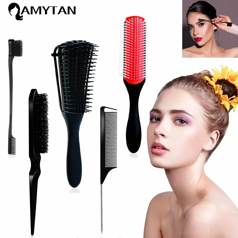 

5 Pcs Detangling Brush Set Cushion Nylon Bristle Shampoo Brush Teasing Brush Dual Edge Brush Styling Comb for Curly Hair