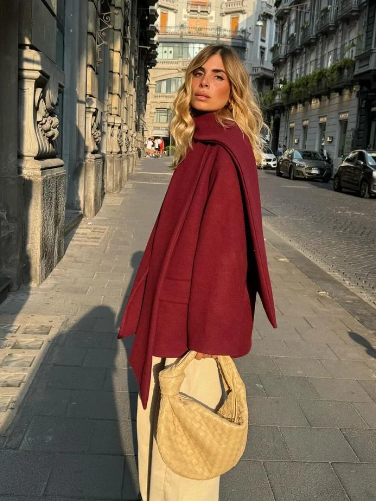 2024 New Fashion Borgogna Rosso Giacca di lana con colletto a sciarpa Donna Chic Tasche infradito oversize Cappotti solidi Lady Streetwear