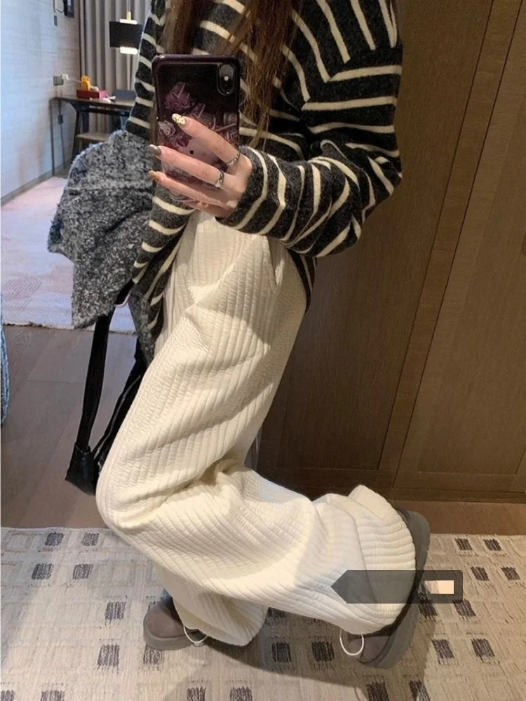 

Повседневные брюки из смеси хлопка в полоску в стиле ретро, женские свободные брюки с эластичной резинкой на талии, широкие брюки на подкладке, удобная посадка