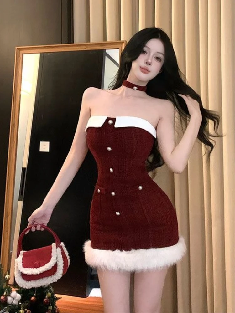 Chiristmas vermelho sexy sem alças vestido de festa feminino inverno doce camada bodycon mini vestidos gola de pele moda fora do ombro outfits