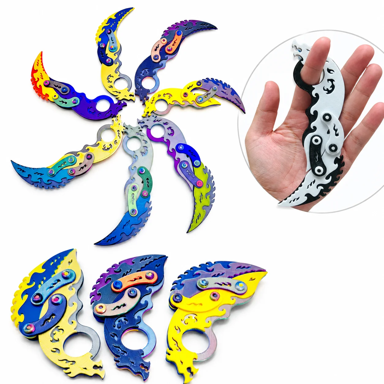 3D Printed Folding Karambit Fidget Toy, Colorful PLA Mechanical Finger Ring Model, Articulated Desk Collectible Display Prop