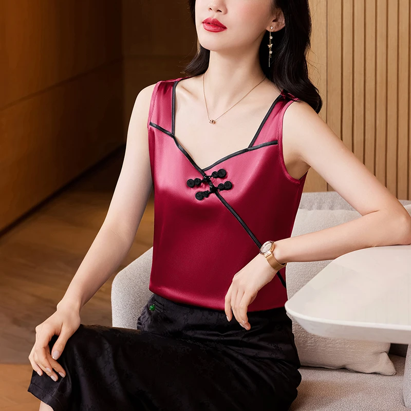 Débardeur en Satin de soie de style chinois pour femmes, gilet sans manches, chemise Patchwork, col carré, Camisole, nouvelle collection 2025