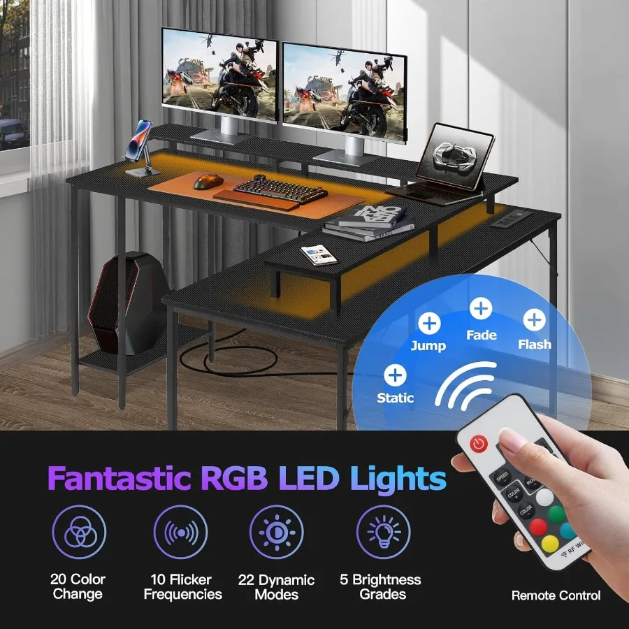 53.5 LShaped Computer Desk for Gaming and Home Office with Builtin LED Lights Power Outlets Reversible Design Monitor Stand Sto