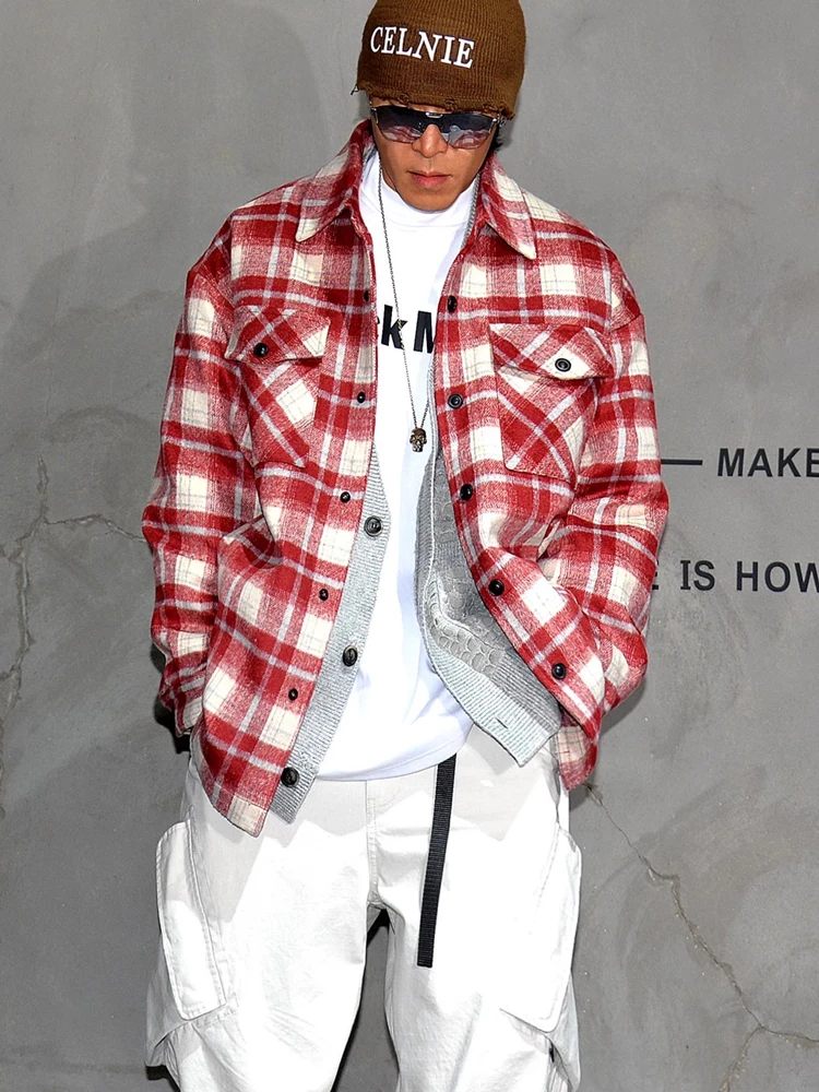 

Oversize Plaid Red irt Sle Men's down Jaet Trendy Brand Woolen Coat Lightweight Warm Polyester Fabric Youthful Sle