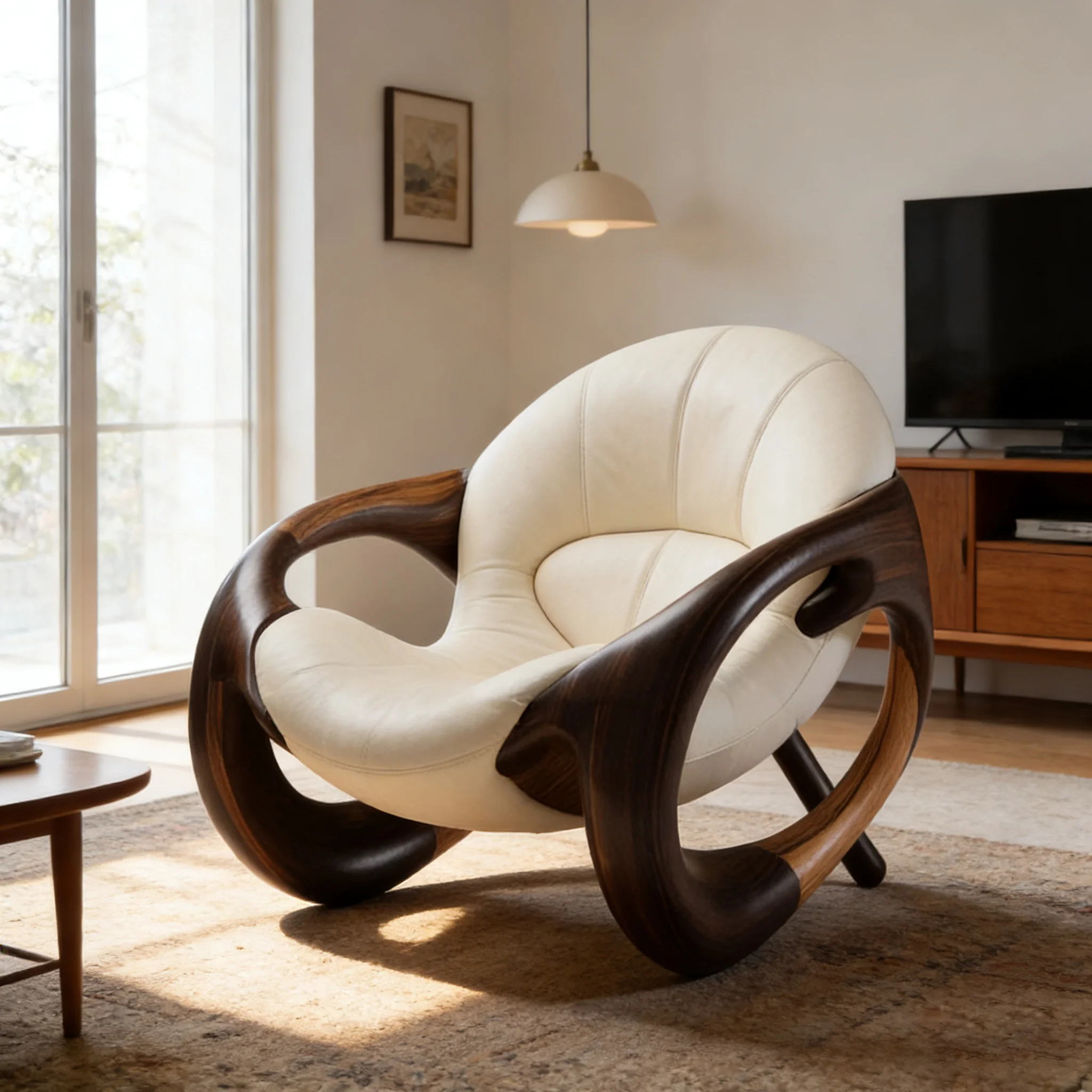 

Modern Luxury Curved Accent Chair - Premium Leather Upholstered with Solid Walnut Wood Frame