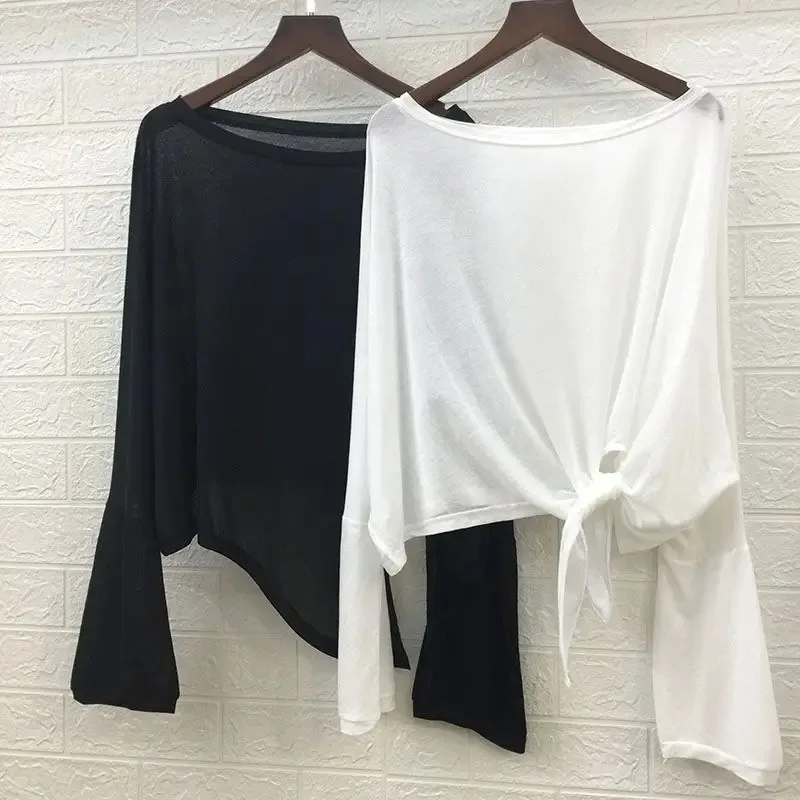 Large Ice Silk Knot Solid Color Sun Protection Coat Split Irregular Long Sleeved T-shirt Loose Practice Latin Modern Dance Top