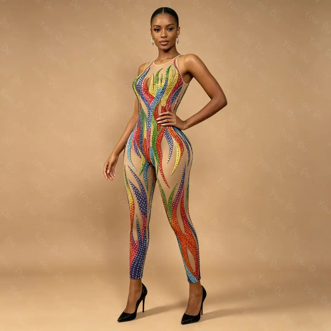 Sexy Sleeveless Rhinestone Bodycon Jumpsuits Plus Size Night Club Party One Piece Bodysuit Show Dancer Leotard Festival Clothing