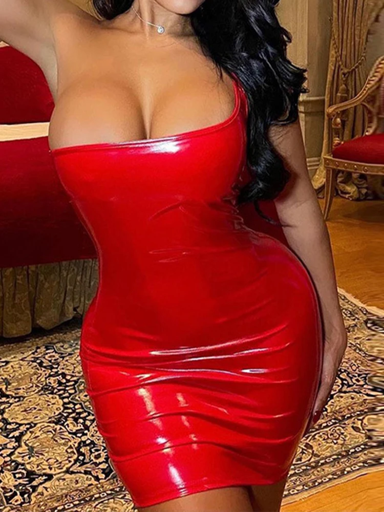 

OMSJ 2024 Mid-night Club Red Pu Leather One Shoulder Hot Sexy Female Dress Bodycon Fashion Sleeveless Open Back High-waist Dress