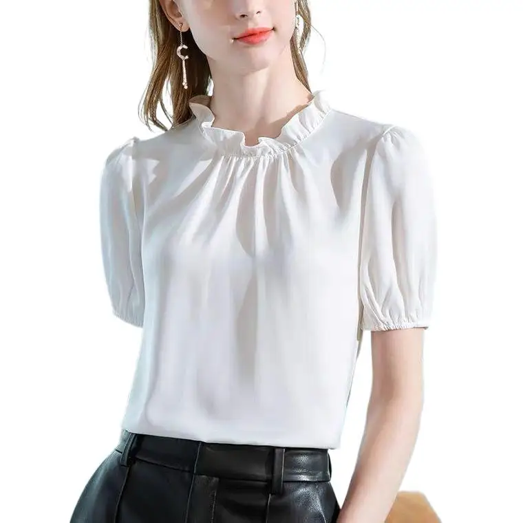 Summer fashion Ruffle Neck Puff Sleeves Acetate satin shirts plus size elegant lady ice silk blouse vintage tops blusa feminina