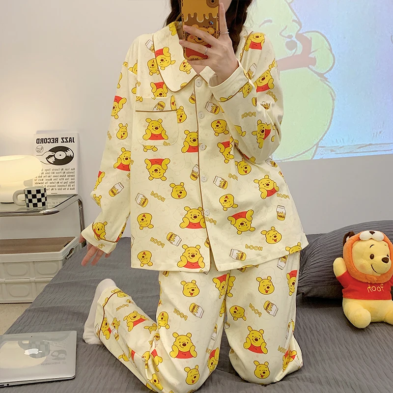 Cartoon Disney pajamas, autumn cotton long-sleeved trousers casual loose Winnie the Pooh loungewear women\'s pajamas set