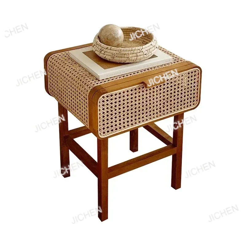 

Nordic simple rattan bedside table retro light luxury wabi sand wind side cabinet home bed and storage cabinet