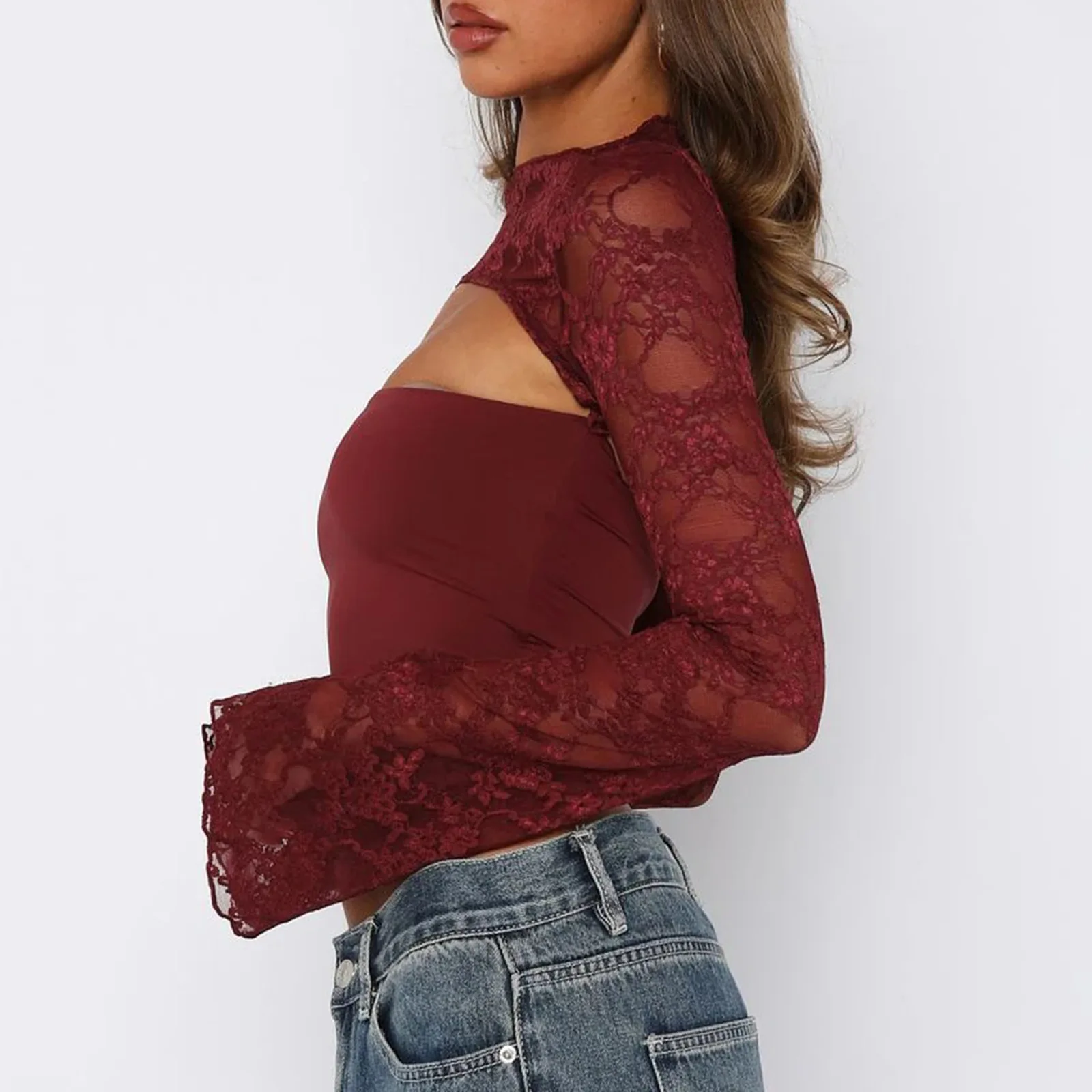 المرأة مثير صديرية دائرية الجوف خارج كم طويل تصميم المرقعة الأعلى الإناث مزاجه أنيقة بلون الراحة التخسيس الأعلى #5