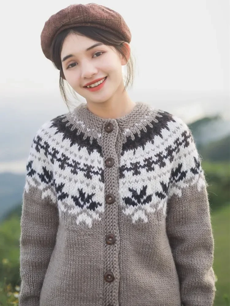 100-106cm Bust FallWinter Fair Isle Cardigans Women Nordic Vintage Hand Knitted Pure Handmade Thick Warm 100%Wool Sweaters Coats